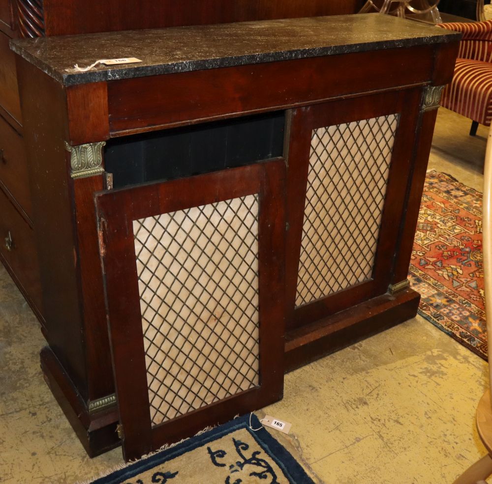 A Regency marble top mahogany chiffonier with grilled door, W.104cm, D.30cm, H.88cm